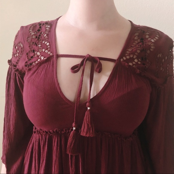 American Eagle Outfitters Burgundy Peasant Dress - Picture 5 of 8